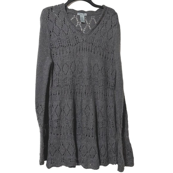 Olivia Sky women’s size XL gray open weave long bell sleeve v neck sweater - Picture 2 of 7